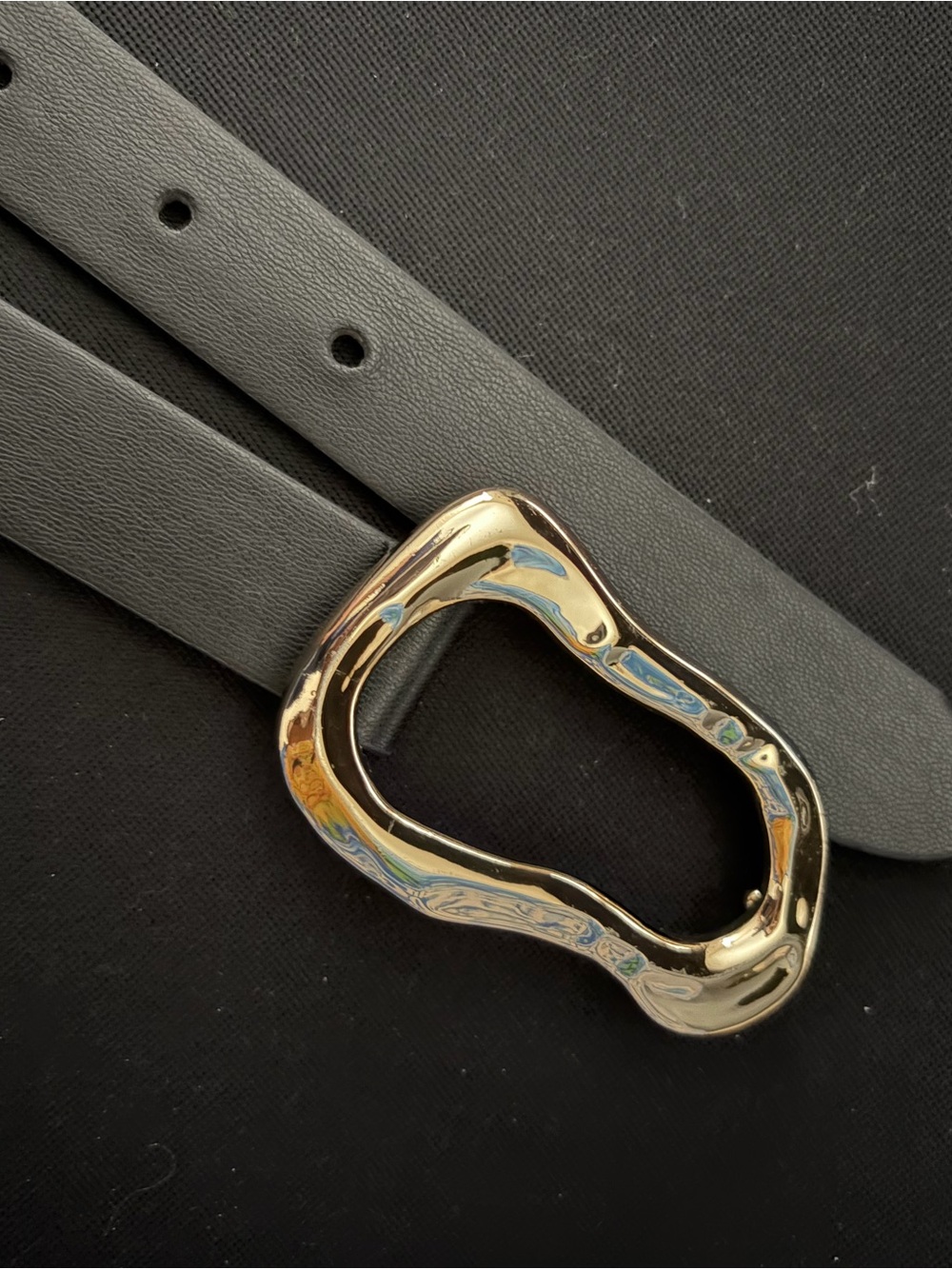 Black Leather Belt with Sculpted Gold Buckle